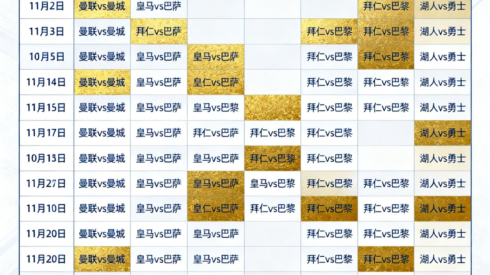 十一月体育赛事完整赛程日历表，以网格形式清晰展示英超、西甲、欧冠、NBA等各项赛事的比赛日期和对阵双方，重要比赛用金色高亮标注